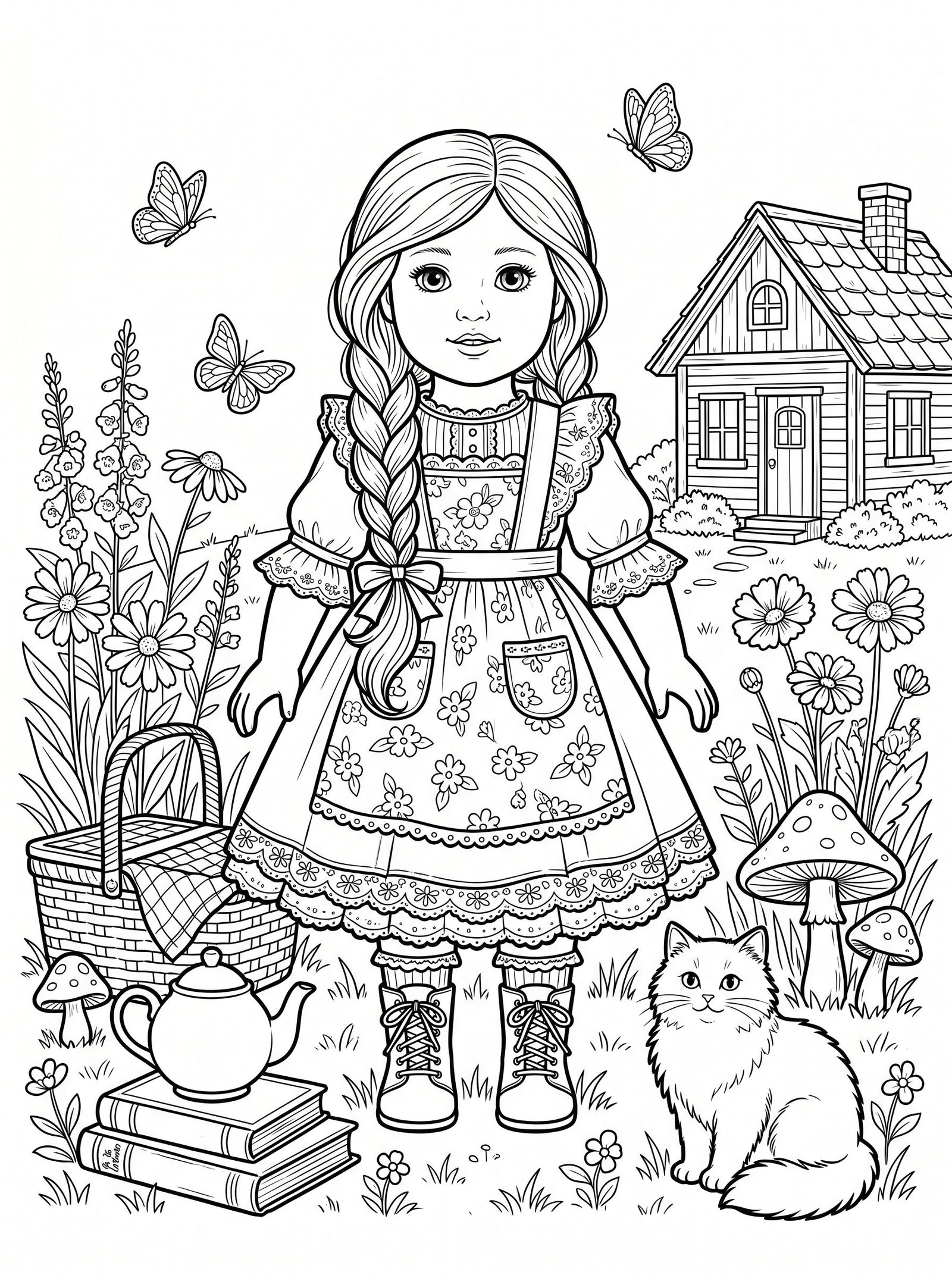 Cottagecore American Doll Coloring Pages Free Printable (Cozy Garden Theme)